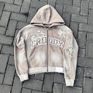 Sudaderas con capucha OEM ODM para hombre, personalizadas, estilo vintage, streetwear, 100% algodón, sudaderas básicas, sudaderas con capucha de mezcla de algodón, con pedrería. - Product Image 2