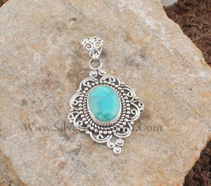 Wholesale Vintage Natural Turquoise Pendant 925 Sterling Silver Platinum Plated Oval <b>Charm</b> Jewelry Bulk Price Factory Direct - Product Image 1
