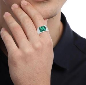 <b>Mens</b> Emerald Bezel Setting 925 Sterling <b>Silver</b> 14K Gold Plated Engagement <b>Ring</b> 5 Carat Emerald Cut Green Gemstone May Birthstone - Product Image 3