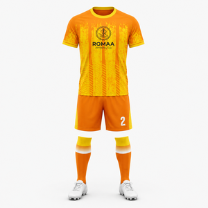 ROMAA APPAREL CO. ชุดเสื้อฟุตบอลผู้ชายลายทางสีส้มเหลืองแขนสั้นคอกลมระบายความชื้นได้ดีทรงสปอร์ต - Product Image 4