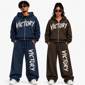 Custom Unisex Oversized Zip Up Hoodie and Jogger Tracksuit Set Vintage Washed Streetwear Two Piece Sweat Suit for Men and Women - Product Image 3