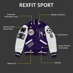Chaqueta Varsity Deportiva Personalizada RexFit para Hombre, Chaqueta Bomber de Béisbol de Invierno con Mangas de Cuero PU, Logotipo Bordado, Directo de Fábrica OEM - Product Image 5