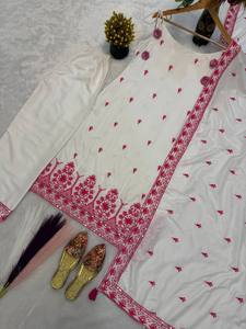 White Cotton Salwar Kameez With Black Embroidery Ankle-Length Traditional Wear For Women India Pakistan Casual Style - Product Image 5