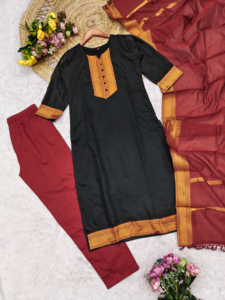 Black And Maroon Cotton <b>Kurta</b> Set With Zari Work Dupatta For <b>Women</b> Traditional Indian Wear Regular Fit Kurti Set for <b>Womens</b> - Product Image 6