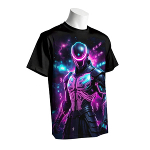 เสื้อยืดคอกลมแขนสั้นทรงโอเวอร์ไซส์สำหรับผู้ชาย ลาย Neon Cyber Warrior ผลิตจากผ้าฝ้าย 100% เป็นมิตรต่อสิ่งแวดล้อม ระบายอากาศได้ดี - Product Image 1