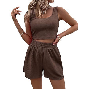 Unisex 2 Piece Ribbed Sleeveless Regular Top High Waist Shorts Set Solid <b>Black</b> Casual 100% Cotton Eco-Friendly Streetwear Spring - Product Image 4