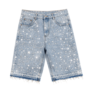 Fábrica de Producción de Shorts de Mezclilla Adornados con Pedrería, Costuras Reforzadas, Tratamiento de Tejido Avanzado, Control de Calidad - Product Image 1