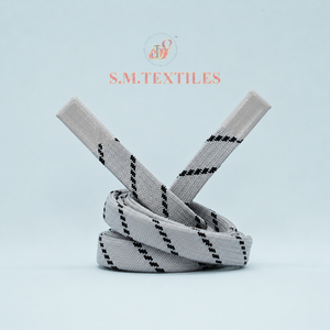 Flat Polyester Draw <b>Cord</b> with Black Stripe Pattern and Flat Silicon Tipping Custom Woven Drawstring for Garments - Product Image 2