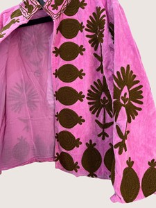 Manteau en velours rose à col mandarin avec imprimé floral, manches longues, vêtement d'extérieur décontracté pour adultes, tenue d'automne - Product Image 4