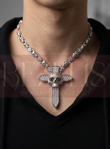 Pendentif en forme de croix et d'épée avec crâne, serti de diamants de laboratoire, personnalisé, vente en gros, avec chaîne à maillons crâne, bijoux hip-hop - Product Image 3