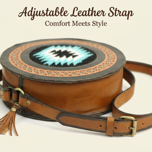 Sac à bandoulière rond en cuir Western Cowgirl pour femmes, fabriqué à la main |   Sac à bandoulière circulaire fait main en tissu turquoise style aztèque - Product Image 1