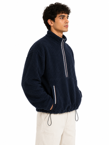 <b>Men's</b> Premium Navy Blue Sherpa Fleece <b>Half</b> <b>Zip</b> Pullover Sweatshirt Warm Teddy <b>Jacket</b> Soft Winter Breathable Washed Zipper High - Product Image 2