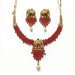 Jewelemarket Fine Jewelry Set 10575526RD Traditional <b>Elephant</b> Design Temple Choker <b>Earrings</b> Imitation Pearl for Bridal Occasions - Product Image 2