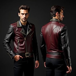 Chaqueta de Motociclista de Cuero PU para Hombre, Color Granate y Negro, Cierre de Cremallera, Solapa con Remaches, Cinturón, Cuello Camisero, Corte Ajustado, Estilo Otoñal - Product Image 3