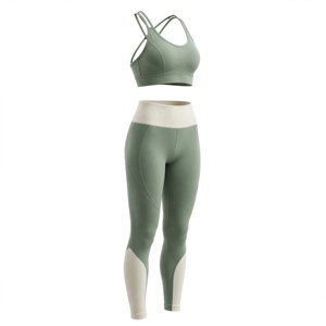 Women's Green Yoga Set 2 Piece <b>Racerback</b> Sports <b>Bra</b> High Waist Full Length Leggings Spandex Polyester Contrast Stitch - Product Image 5