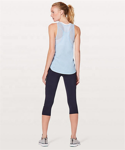 Women's Light Blue Sleeveless Tank <b>Top</b> Solid Color Knitted Sporty Fit Breathable Workout Wear Capri Leggings Set - Product Image 1