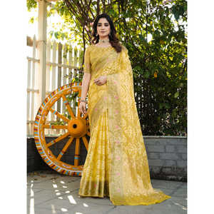 Sari Patola de Organza Amarillo con Bordado Zari, Elegantes Vestidos de Dama de Honor - Product Image 3