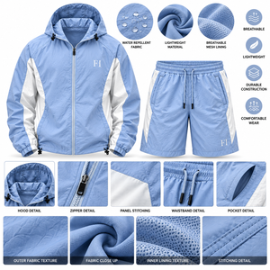 Ensemble survêtement en nylon froissé personnalisé avec logo, comprenant un sweat à capuche coupe-vent et un short, style streetwear - Product Image 5