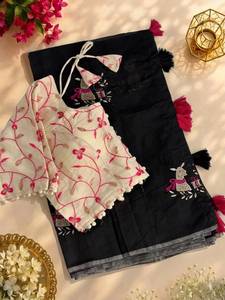 ผ้าไหมปักลาย ซารี พร้อมเสื้อคอดีสำเร็จรูปสำหรับผู้หญิง เหมาะสำหรับงานเทศกาล งานแต่งงาน ซารีแบบดั้งเดิม สง่างาม พร้อมพู่ห้อย แห้งเร็ว เหมาะสำหรับงานปาร์ตี้ - Product Image 6