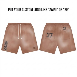 <b>Men</b> Acid Wash <b>Shorts</b> Premium Heavy Cotton Fleece 320 GSM Relaxed Fit Custom Logo Screen Print Drawstring <b>Brown</b> Streetwear <b>Shorts</b> - Product Image 1