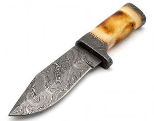 Couteau de camping artisanal en acier Damas, manche en os naturel, garde en Damas - Product Image 6
