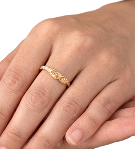 Anillo de Oro Sólido 14K 18K con Diseño de Hoja y Diamantes Redondos de Laboratorio al por Mayor, Anillo de Banda Pavé Inspirado en la Naturaleza, Anillo Minimalista Apilable - Product Image 6