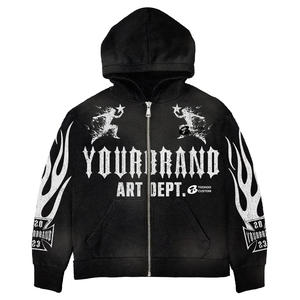 OEM Custom Brand Men's Hooded Sweatshirt <b>Set</b> Black Flame Print Street Style 100% Cotton <b>Knitted</b> Windproof Tracksuit Autumn Wear - Product Image 4