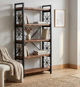 Modern Industrial <b>Wooden</b> Etagere Shelf 5-Tier with Metal Frame Freestanding Backless <b>Bookcase</b> For Living Room Home Furniture - Product Image 1