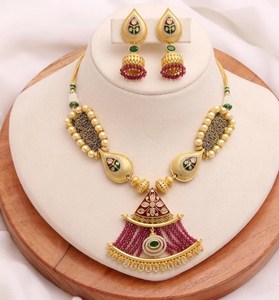 RAY FINE ORNATES <b>Ruby</b> Pink Bridal <b>Necklace</b> Set 22K Gold Plated Vintage IGI Certified Luxury Indian Wedding Jewelry Statement - Product Image 1