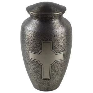 Silver Metal Urn Ash Cremation <b>Keepsake</b> Vase with Cross <b>Memorial</b> Design 200 Cubic Inch Capacity Durable for Grave Home Display - Product Image 1