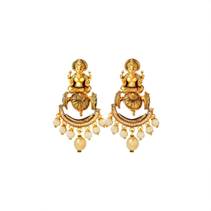 Fine Dangle Earrings Antique Lakshmi Jhumka with Golden Pearls - Product Image 2