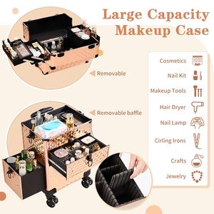 Trousse de Maquillage 2-en-1 avec Tiroir Coulissant Avant, Tiroir Plat Gauche, Motif Diamant, Aluminium Champagne, Roulettes Amovibles, Cosmétiques - Product Image 6