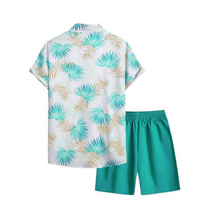 Chemise boutonnée à manches courtes pour hommes, blanc, vert sarcelle, motif feuilles tropicales, short assorti, ensemble 2 pièces, tenue de plage hawaïenne décontractée - Product Image 5