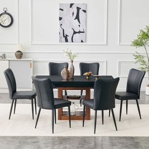 Tavolo da Pranzo Espandibile 59-71 Pollici con Funzione Estraibile Abbinato a 6 Sedie Nere in PU Design a Righe Verticali Set Sala da Pranzo - Product Image 2