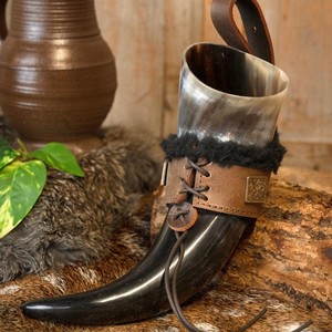 Natural Horn Drinking <b>Mug</b> Handmade Leather Strap Viking Beer Mead Cup Curved Medieval Tankard for Historical Events - Product Image 5