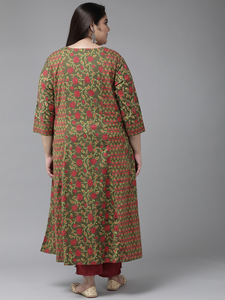 Kurti en coton vert coupe A avec col rond et manches trois quarts pour femmes grandes tailles, vêtements décontractés à la mode - Product Image 2
