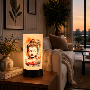 Lampe de table LED imprimée Bouddha avec abat-jour en lin |   Lampe de chevet pour la méditation spirituelle |   Décoration de salon, décoration intérieure, ambiance chaleureuse - Product Image 4