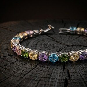 Pulsera de tenis de moissanita de corte redondo arcoíris en plata 925 con baño de oro y cadena colorida, brazalete chapado en rodio, joyería para mujer, ideal para fiestas. - Product Image 4