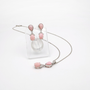 Juego de pendientes de ópalo rosa con colgante de plata 925 con detalles de diamantes americanos, diseño ovalado de tuerca y gota. - Product Image 2