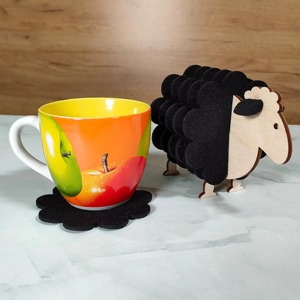 Cartoon Sheep Wooden Coaster Set Flower Shape Non-Slip <b>Mats</b> Black Felt Pads 6mm Thickness - Product Image 5