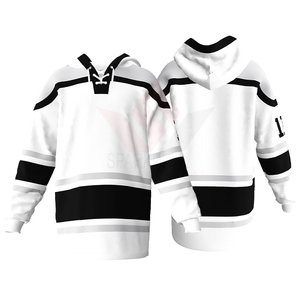Sweat à capuche unisexe personnalisé pour le hockey sur glace, rayures bleues, rouges et blanches sur le devant, manches longues, sublimé, respirant, avec cordon de serrage, coupe classique - Product Image 3