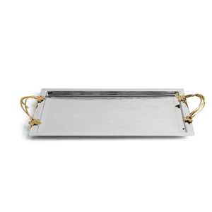 Bandeja Rectangular de Acero Inoxidable Martillado con Asas de Hoja de Vid Doradas, Acabado Plateado y Dorado, Plato Decorativo para el Hogar - Product Image 1