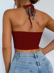 Halter Neck Keyhole Cutout Athletic Sports Bra Ribbed Seamless Fitted <b>Crop</b> <b>Top</b> Running Activewear Yoga Tank <b>Top</b> - Product Image 6