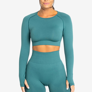 High Waisted Leggings Long Sleeve Top Wholesale New Seamless Activewear Women's Fitness Set featuring Solid Yoga Wear for Gym - Product Image 3