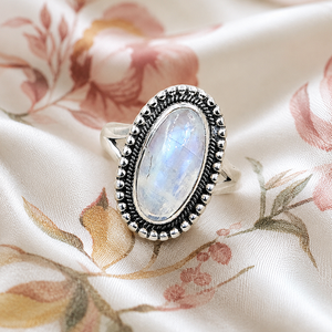 Anillo de Piedra Lunar Natural, Plata de Ley 925, Estilo Boho Vintage, Anillo Ovalado, Joyería Artesanal Curativa, Chapado en Oro Rosa y Amarillo - Product Image 1