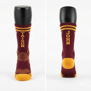 Premium 320 GSM <b>Wool</b>/Spandex Lacrosse <b>Socks</b> Maroon Gold Jacquard Knit Quick Dry Breathable Custom Logo OEM - Product Image 1