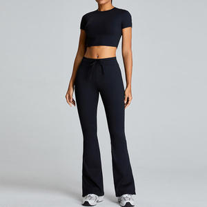 Women Short Sleeve High Waist Flared Leggings 2 Piece <b>Sets</b> <b>Yoga</b> Fitness Clothing <b>Set</b> custom logo and custom desighn - Product Image 6