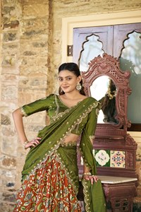 Conjunto de Lehenga Saree de Seda Verde Oliva para Mujer, Bordado en Dorado, Secado Rápido, Traje Tradicional para Boda - Product Image 3