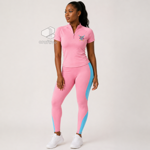 Gamma Phi Delta Workout Set Quarter Zip Top <b>Short</b> Sleeve High Waist <b>Leggings</b> With Contrast Blue Stripe Sports Activewear Set - Product Image 6