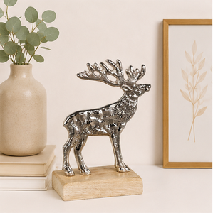 Silver Aluminum Reindeer Sculpture With Natural Wood Base Elegant <b>Christmas</b> Desktop Ornament & Luxury Home Decor Figurine - Product Image 2